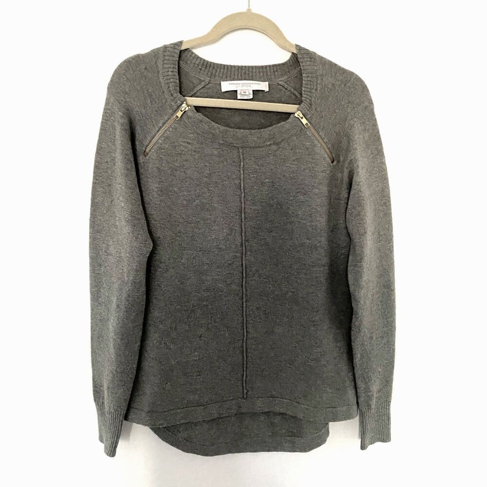 French Connection Classic Gray Crew Neck Long Sleeve Sweater Zipper Detail Sz XS